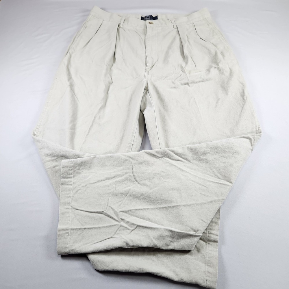 VINTAGE Polo Ralph Lauren Chino Khaki Pants Men 36x32 (Fit 34x31) Double Pleated